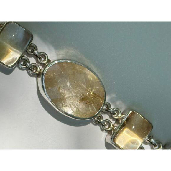 Golden Rutile Quartz Lemon Citrine Chain Link Sterling 925 Silver Bracelet - Picture 4 of 7